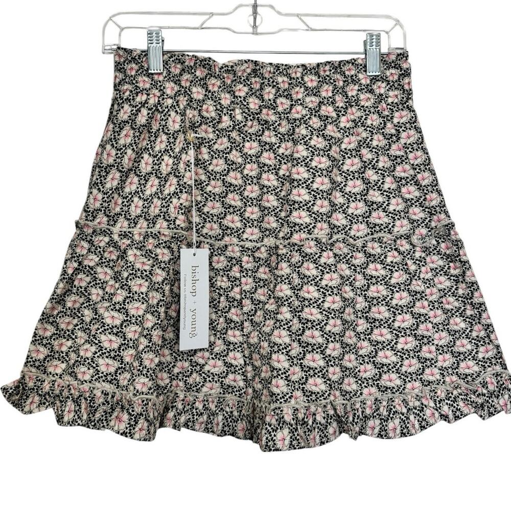 Anthropologie Bishop + Young Pink Black Cream Floral Skirt Size Medium NEW